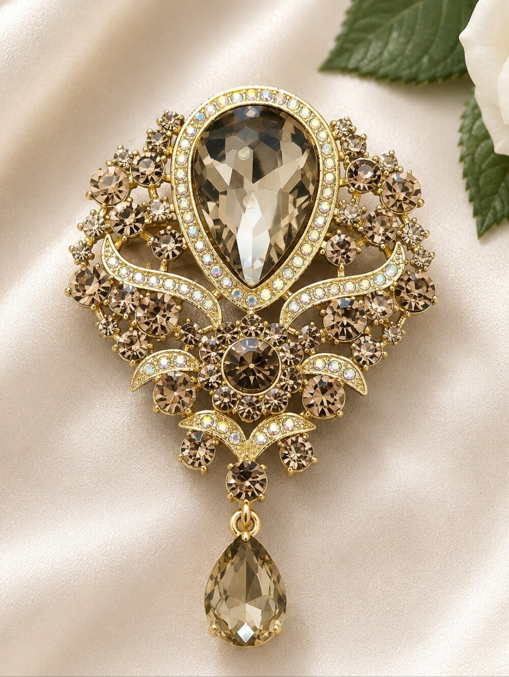 Vintage Champagne Crystal Statement Brooch Pin